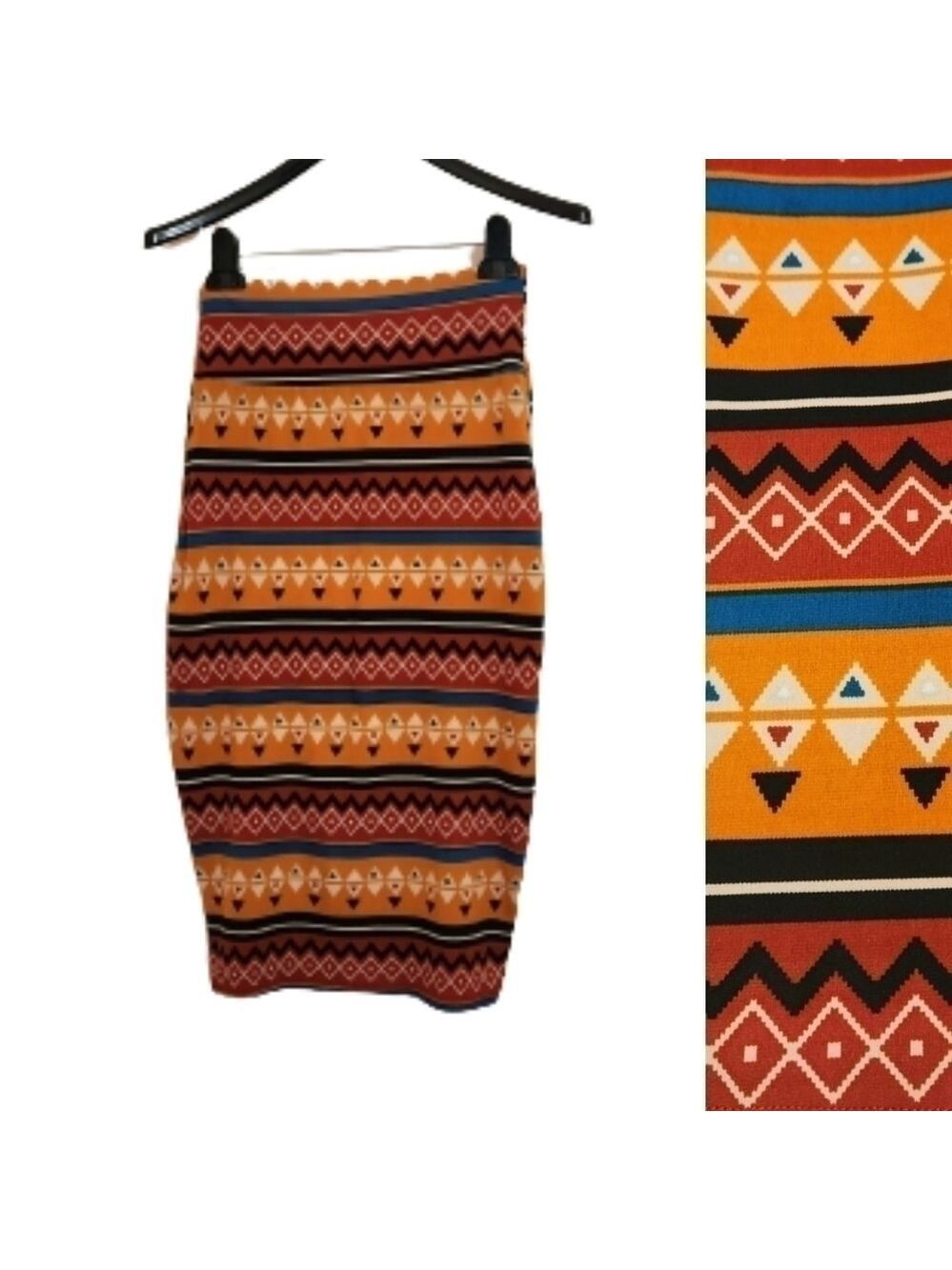 K Too Tribal Print High Waist Knit Skirt Orange Red XSmall